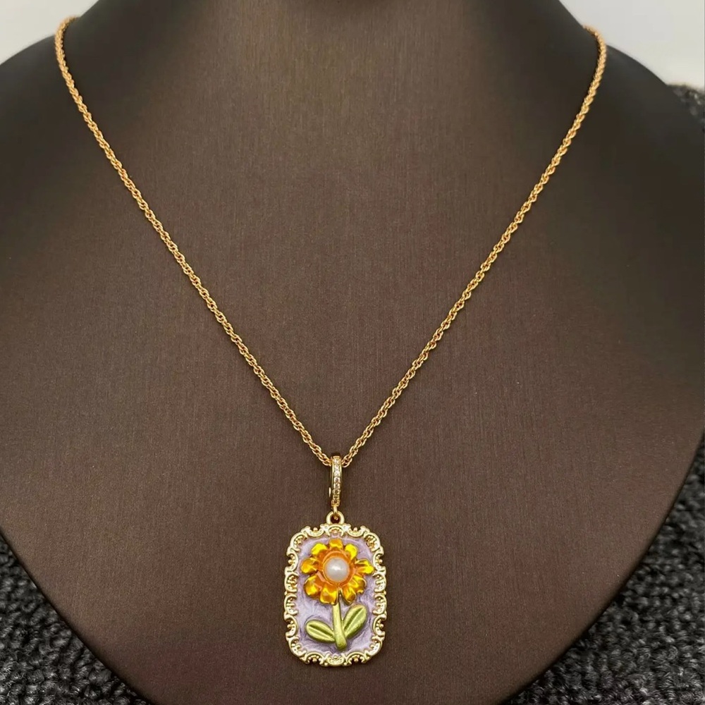 Gold Sunflower inlaid Pearl Art Pendant Necklace in Purple and Green. New. - Picture 11 of 15